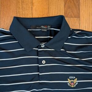 Blue and White Striped Polo Shirt with Embroidered Emblem